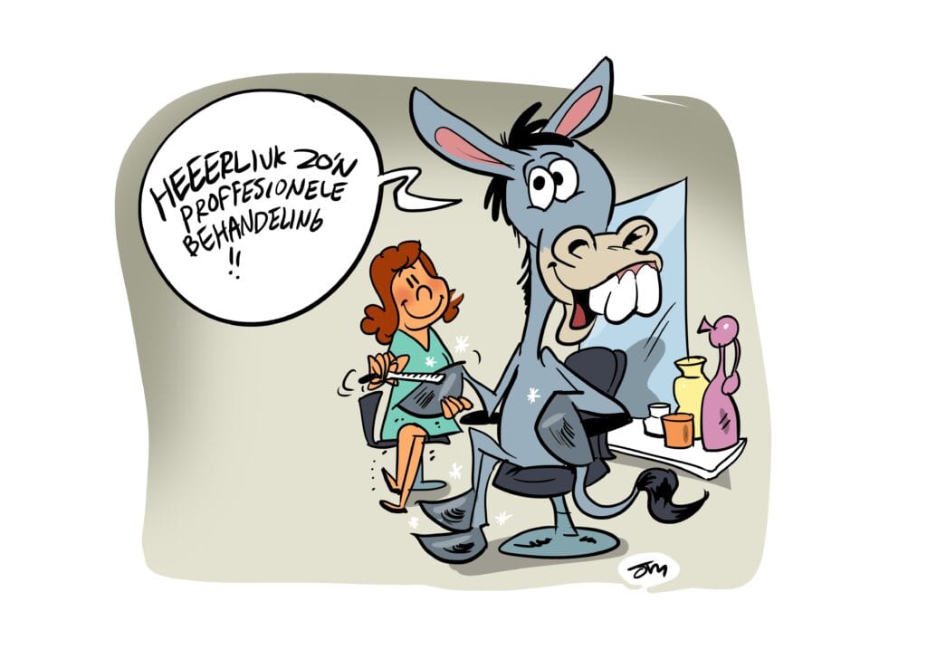 Cartoon professionele hoefverzorging voor ezels door ezelbekapper